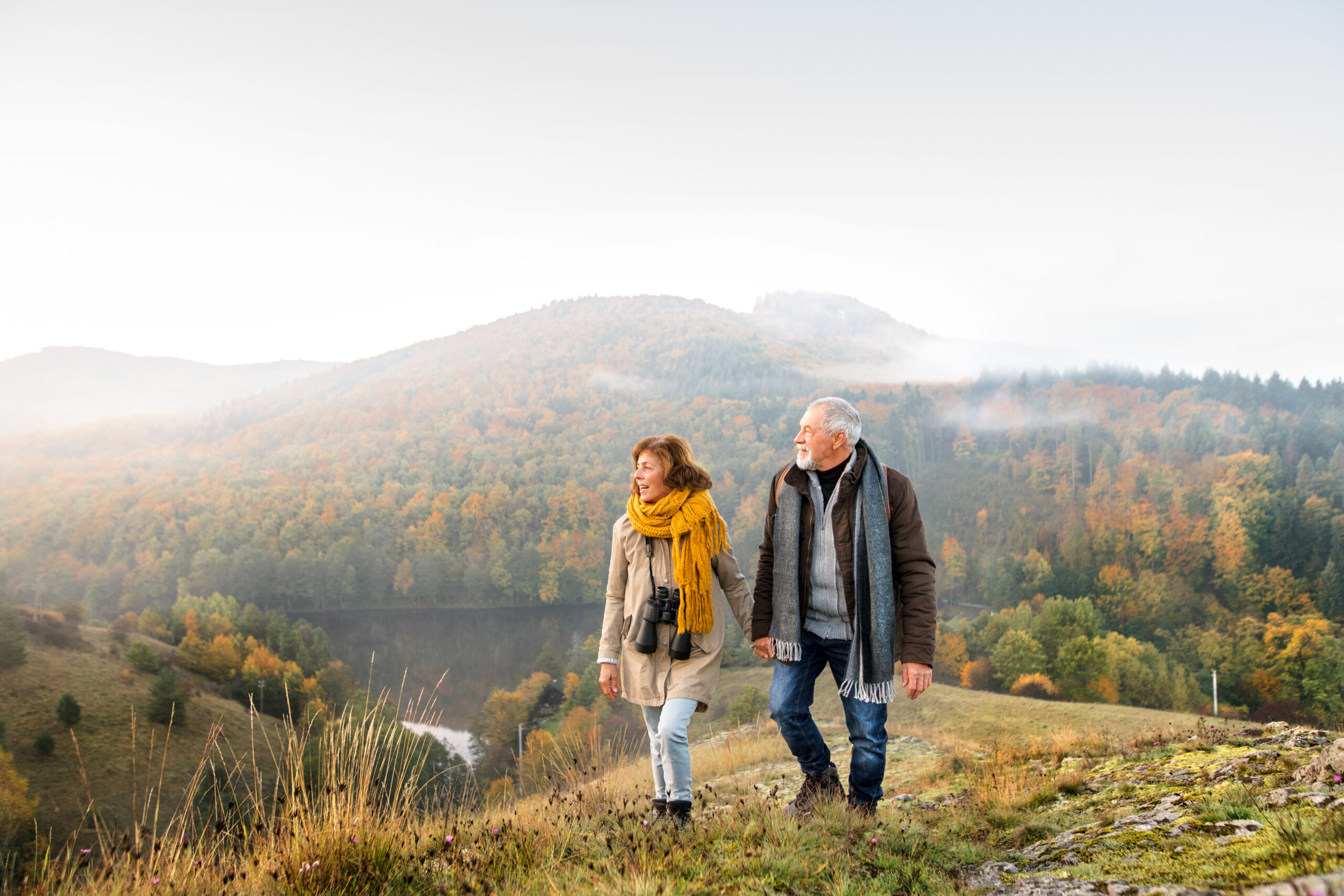 Elderly couple holding hands and walking on a grassy hill in autumn, surrounded by colorful foliage and misty mountains, conveying joy and serenity.